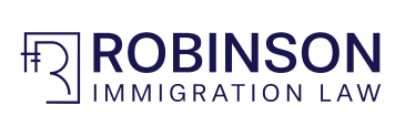 Logo for Robinson Immigration Law featuring a stylized R emblem in blue text.