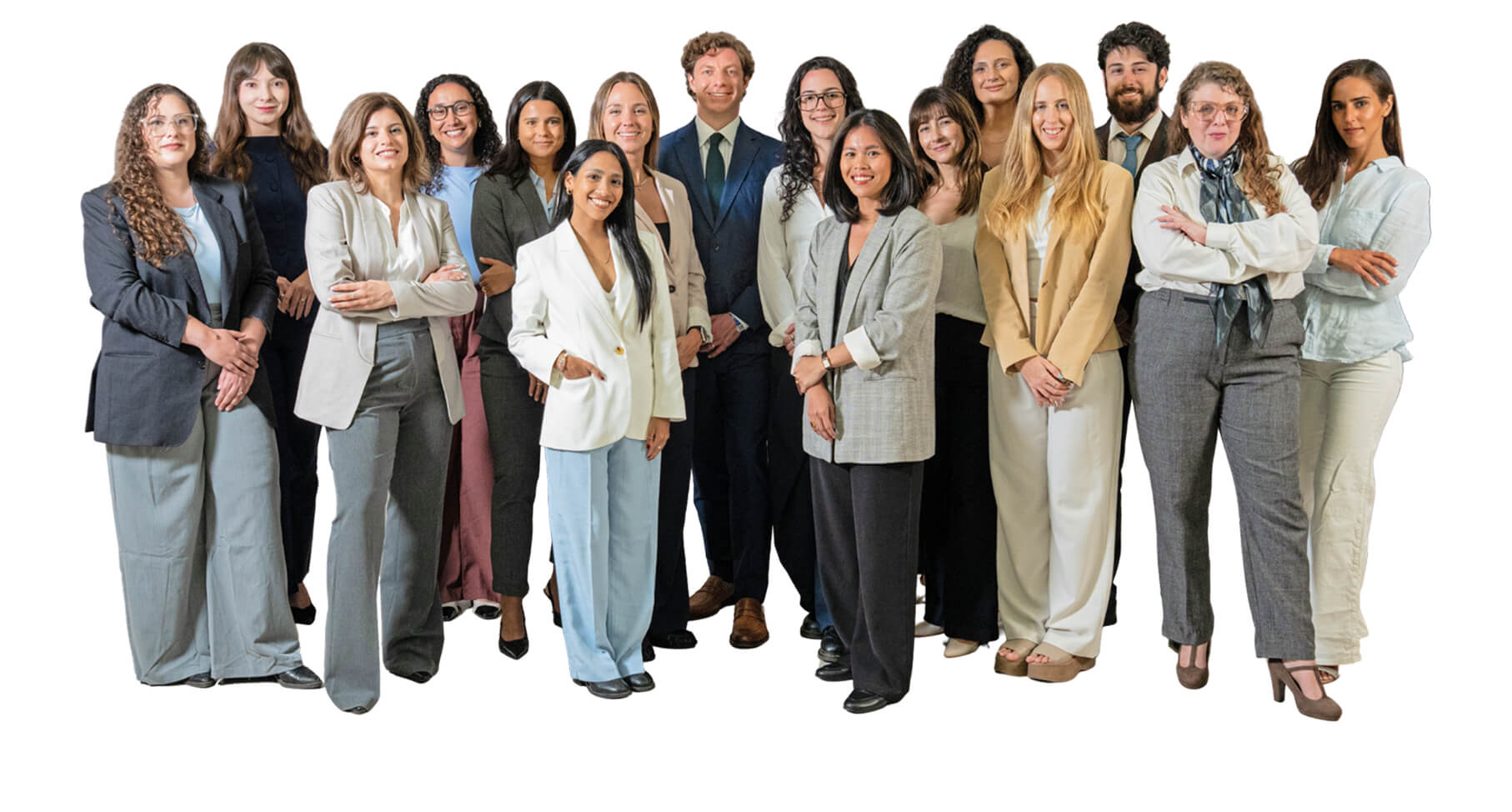 A diverse group of professionals posing together for a team photo, smiling in business attire.